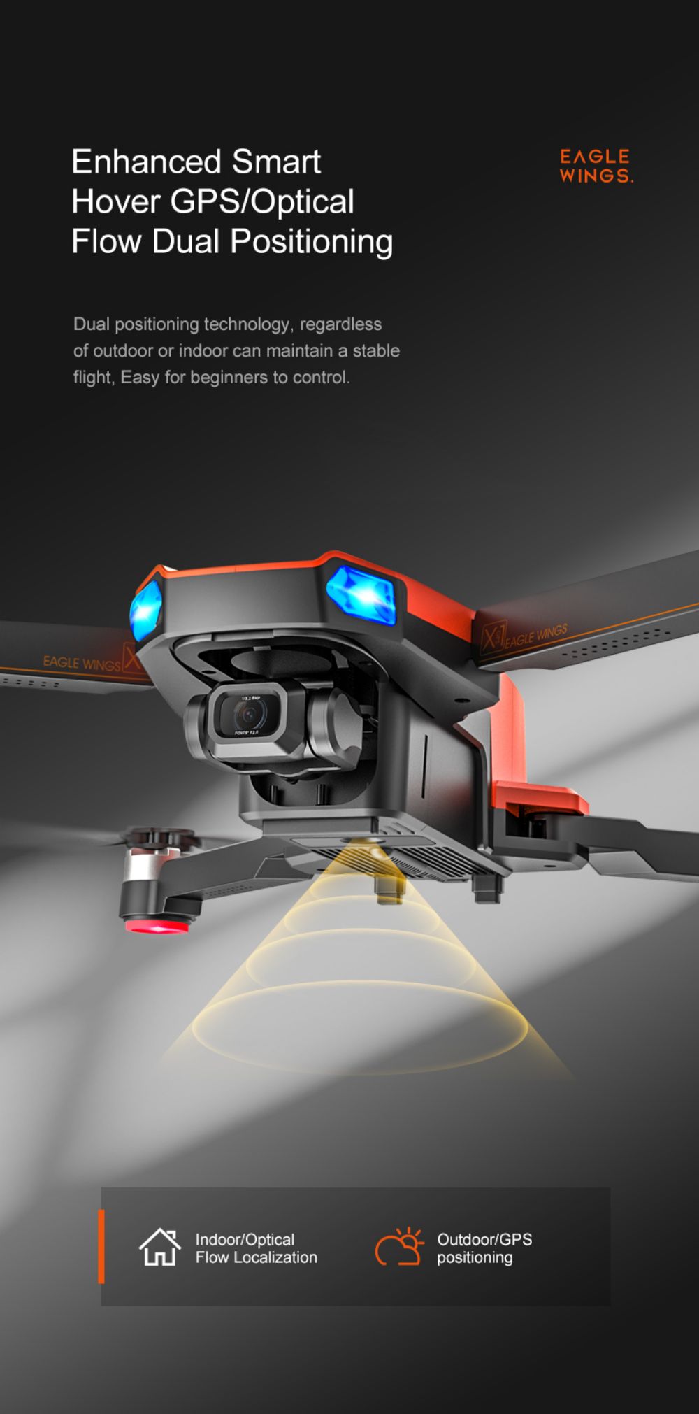 JJRC X22 GPS 5G WiFi FPV RC Drone 1080P HD Camera Obstacle Avoidance 3-Axis Gimbal Black & Orange - 2 Batteries