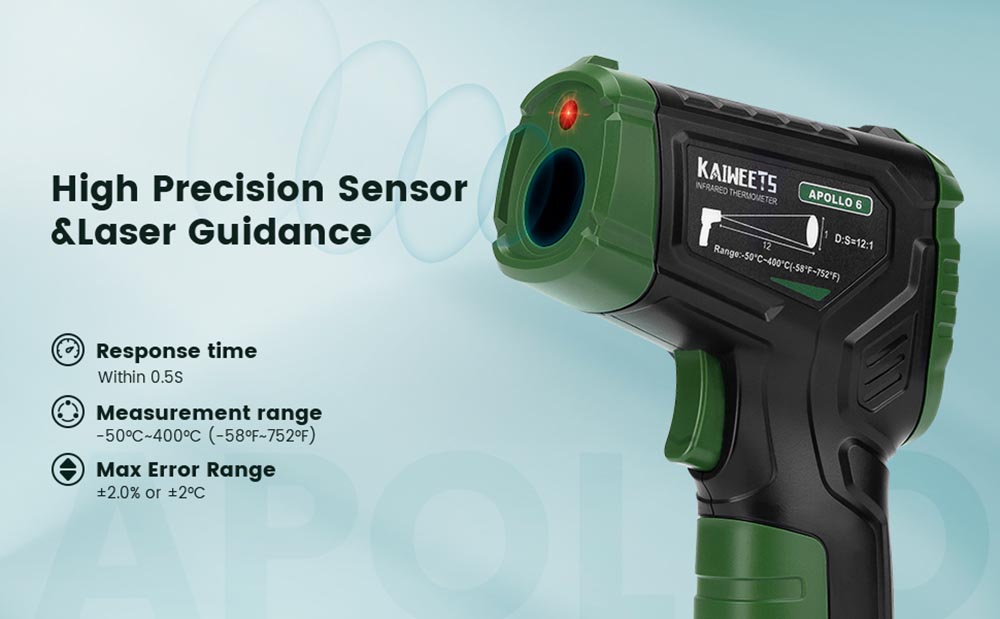 KAIWEETS Apollo 6 Non-Contact Infrared Thermometer (NOT for Humans), Temperature Gun - Black with Dark Green 12 KAIWEETS Apollo 6 Non-Contact Infrared Thermometer (NOT for Humans), Temperature Gun - Black with Dark Green