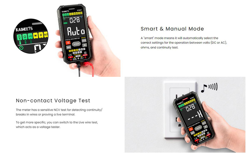 KAIWEETS ST500Y Auto-ranging AC/DC Smart Digital Multimeter, HD Color Display, Voltage Ohm Tester - 6000 Counts