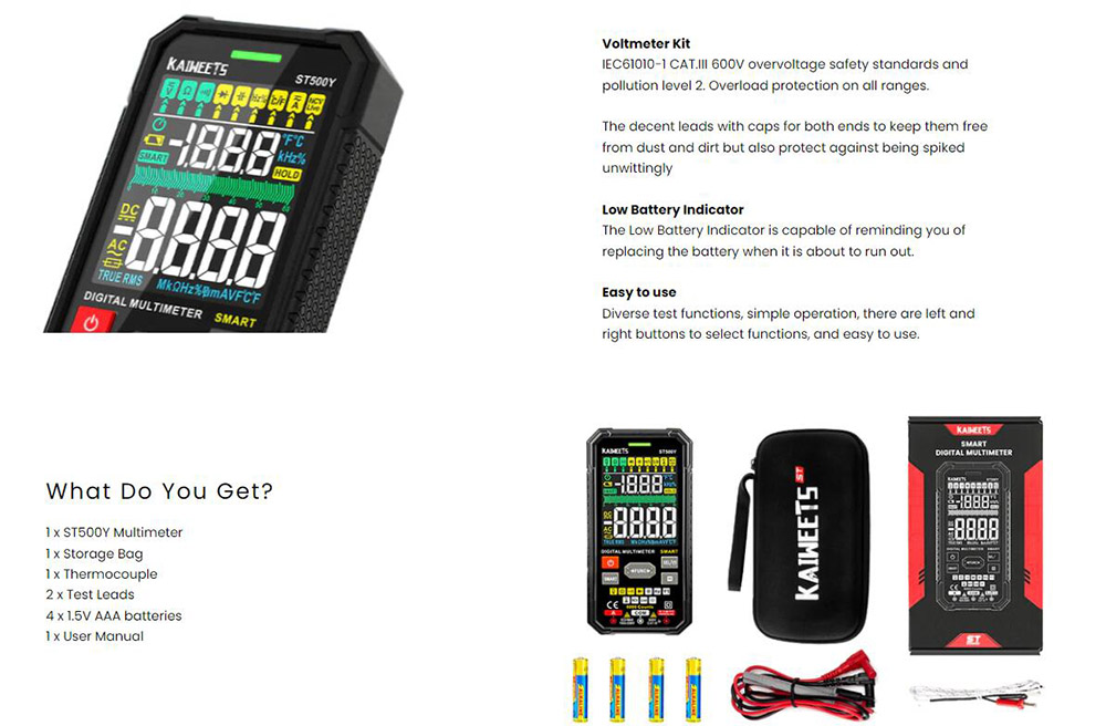 KAIWEETS ST500Y Auto-ranging AC/DC Smart Digital Multimeter, HD Color Display, Voltage Ohm Tester - 6000 Counts