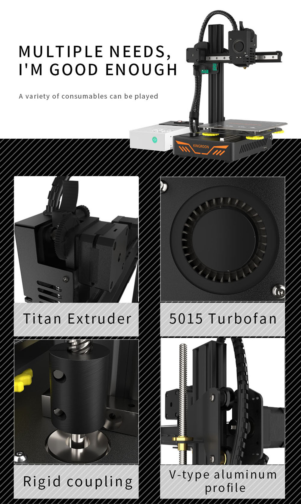 KINGROON KP3S 3D Printer, Aluminum Double Linear Guide Rails Double Cooling Fans, Printing Space 180x180x180mm - EU Plug