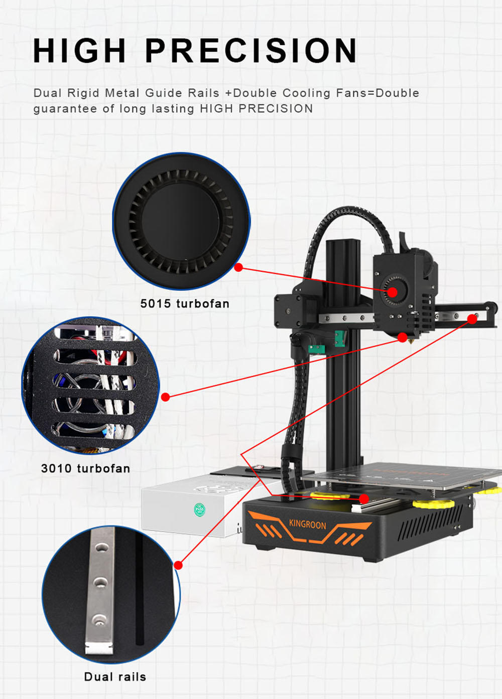 KINGROON KP3S 3D Printer, Aluminum Double Linear Guide Rails Double Cooling Fans, Printing Space 180x180x180mm - US Plug