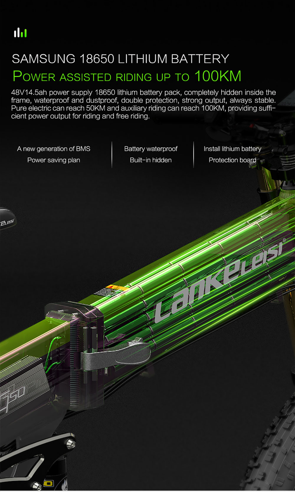 LANKELEISI T750 Plus Big Fork Electric Bike 48V 1000W Motor 14.5Ah Battery 26*4.0'' Fat Tire - Green