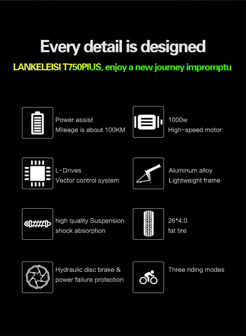 LANKELEISI T750 Plus Big Fork Electric Bike 48V 1000W Motor 14.5Ah Battery 26*4.0'' Fat Tire - Yellow