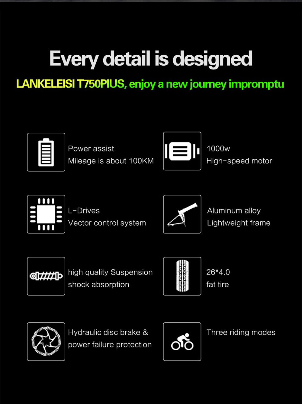 LANKELEISI T750 Plus Big Fork Electric Bike 48V 1000W Motor 17.5Ah Battery 26*4.0'' Fat Tire - Green