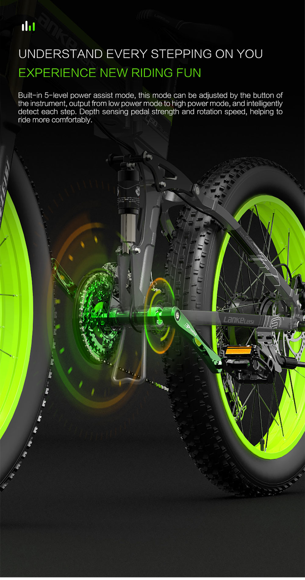 LANKELEISI T750 Plus Big Fork Electric Bike 48V 1000W Motor 17.5Ah Battery 26*4.0'' Fat Tire - Green