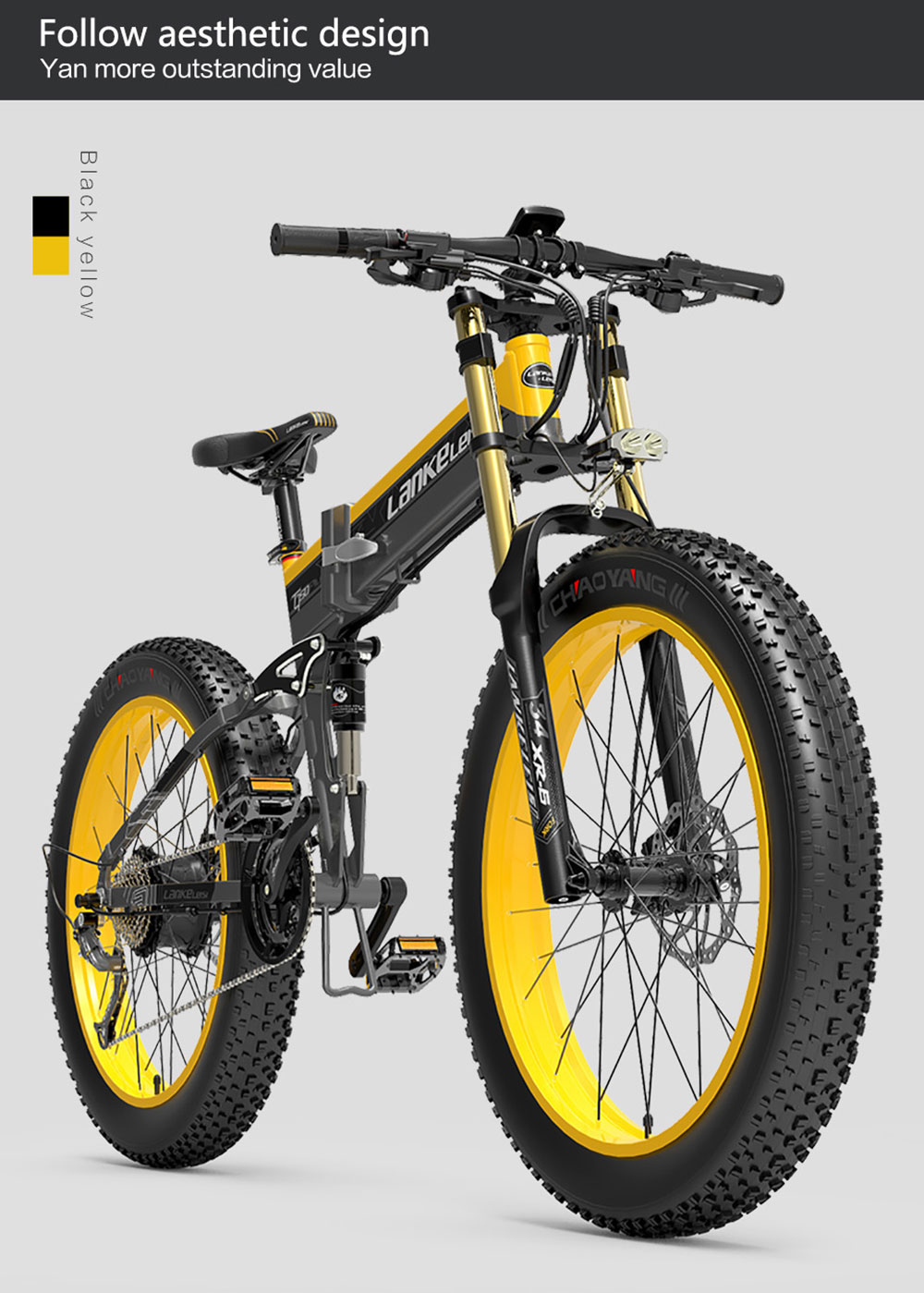 LANKELEISI T750 Plus Big Fork Electric Bike 48V 1000W Motor 17.5Ah batéria 26*4.0'' Fat Tire - Yellow