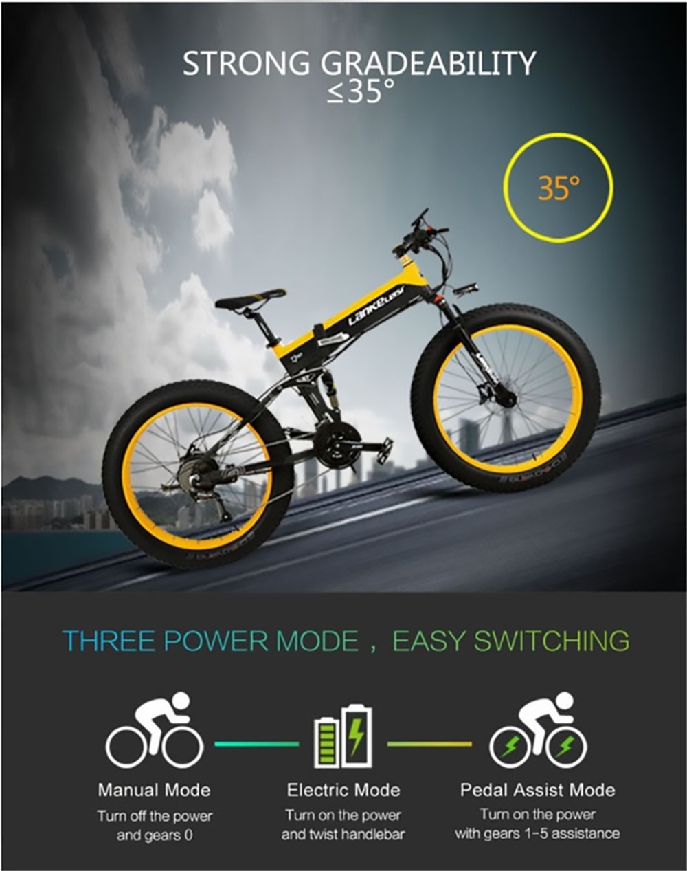 LANKELEISI T750 Plus Big Fork Electric Bike 26*4.0 Inch Fat Tire 1000W Motor 40Km/h Max Speed 48V 17.5Ah Battery 100KM Range Shimano 27-Speed 180KG Max Load - Yellow 30 LANKELEISI T750 Plus Big Fork Electric Bike 48V 1000W Motor 17.5Ah Battery 26*4.0'' Fat Tire - Yellow