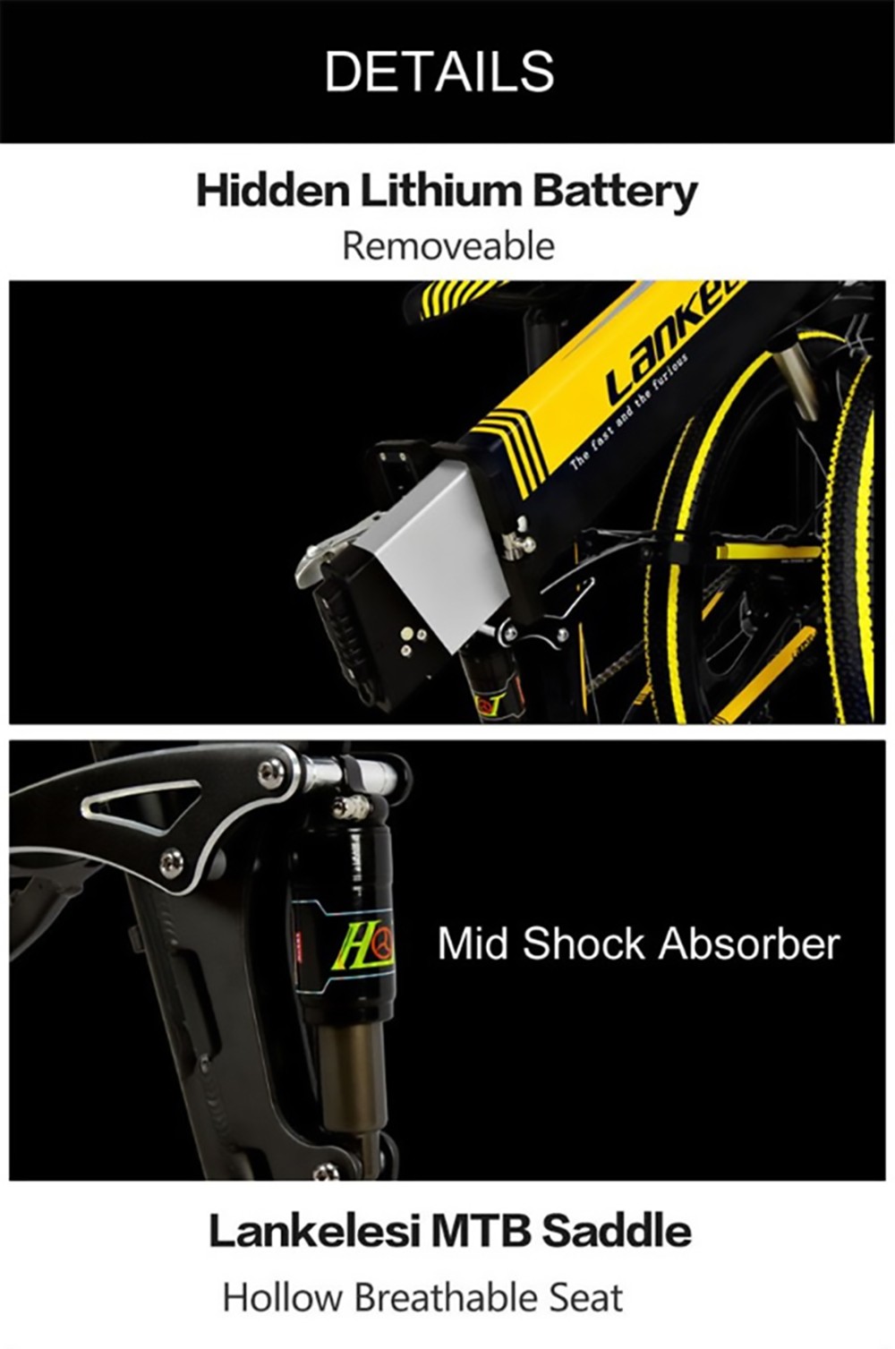 LANKELEISI T750 Plus Big Fork Electric Bike 26*4.0 Inch Fat Tire 1000W Motor 40Km/h Max Speed 48V 17.5Ah Battery 100KM Range Shimano 27-Speed 180KG Max Load - Yellow 39 LANKELEISI T750 Plus Big Fork Electric Bike 48V 1000W Motor 17.5Ah Battery 26*4.0'' Fat Tire - Yellow