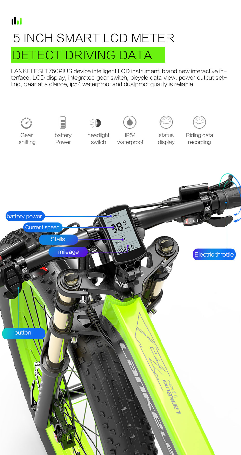 LANKELEISI T750 Plus Big Fork Electric Bike 26*4.0 Inch Fat Tire 1000W Motor 40Km/h Max Speed 48V 17.5Ah Battery 100KM Range Shimano 27-Speed 180KG Max Load - Yellow 13 LANKELEISI T750 Plus Big Fork Electric Bike 48V 1000W Motor 17.5Ah Battery 26*4.0'' Fat Tire - Yellow