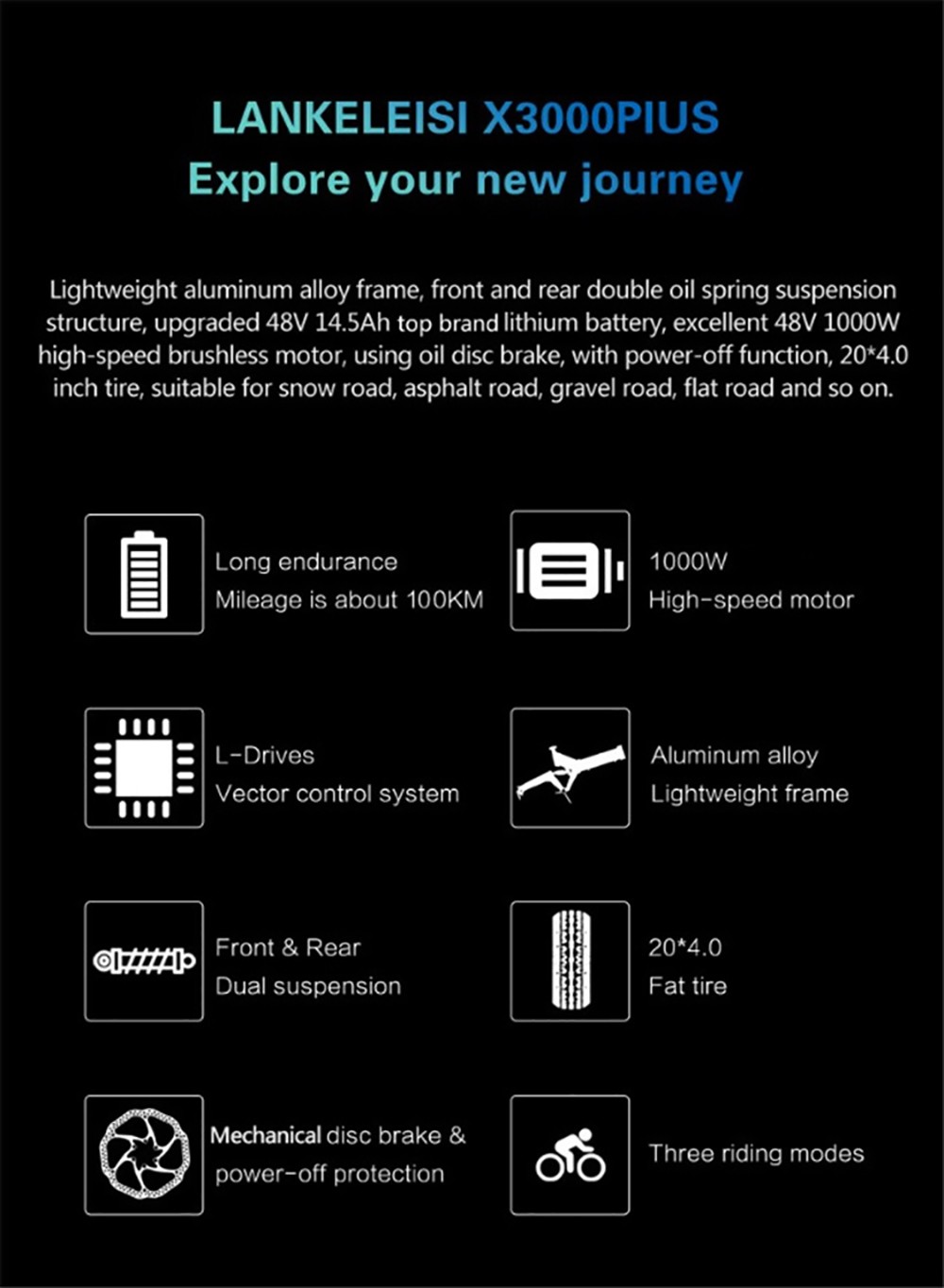 LANKELEISI X3000 Plus Folding Electric Mountain Bike 48V 1000W Motor 17.5Ah Battery - Grey