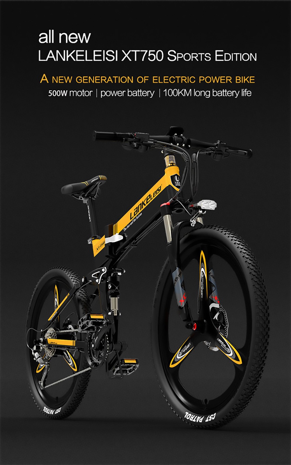 LANKELEISI XT750 Sports Version Electric Bike 500W Motor 14.5Ah Battery 26*1.95'' Kenda Tire - Yellow