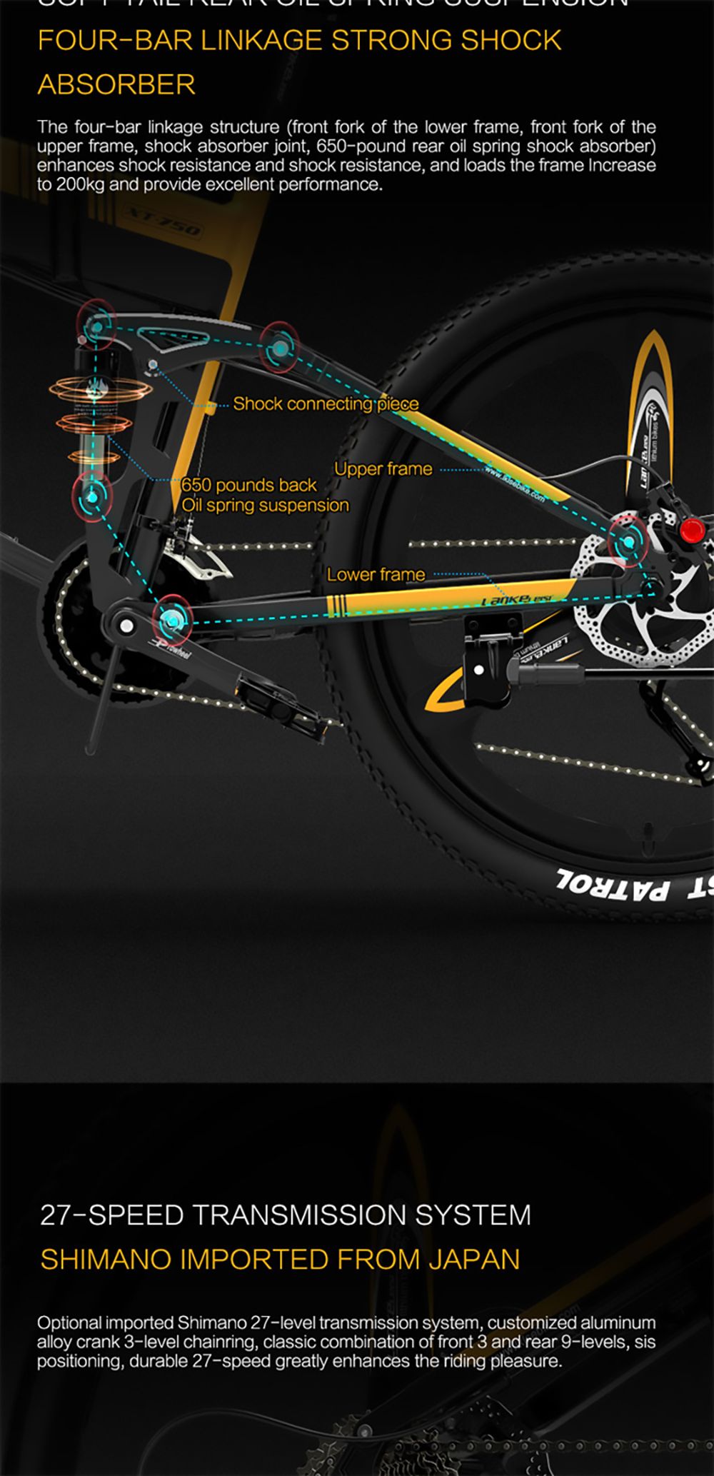 LANKELEISI XT750 Sports Version Electric Bike 500W Motor 14.5Ah Battery 26*1.95'' Kenda Tire - Yellow