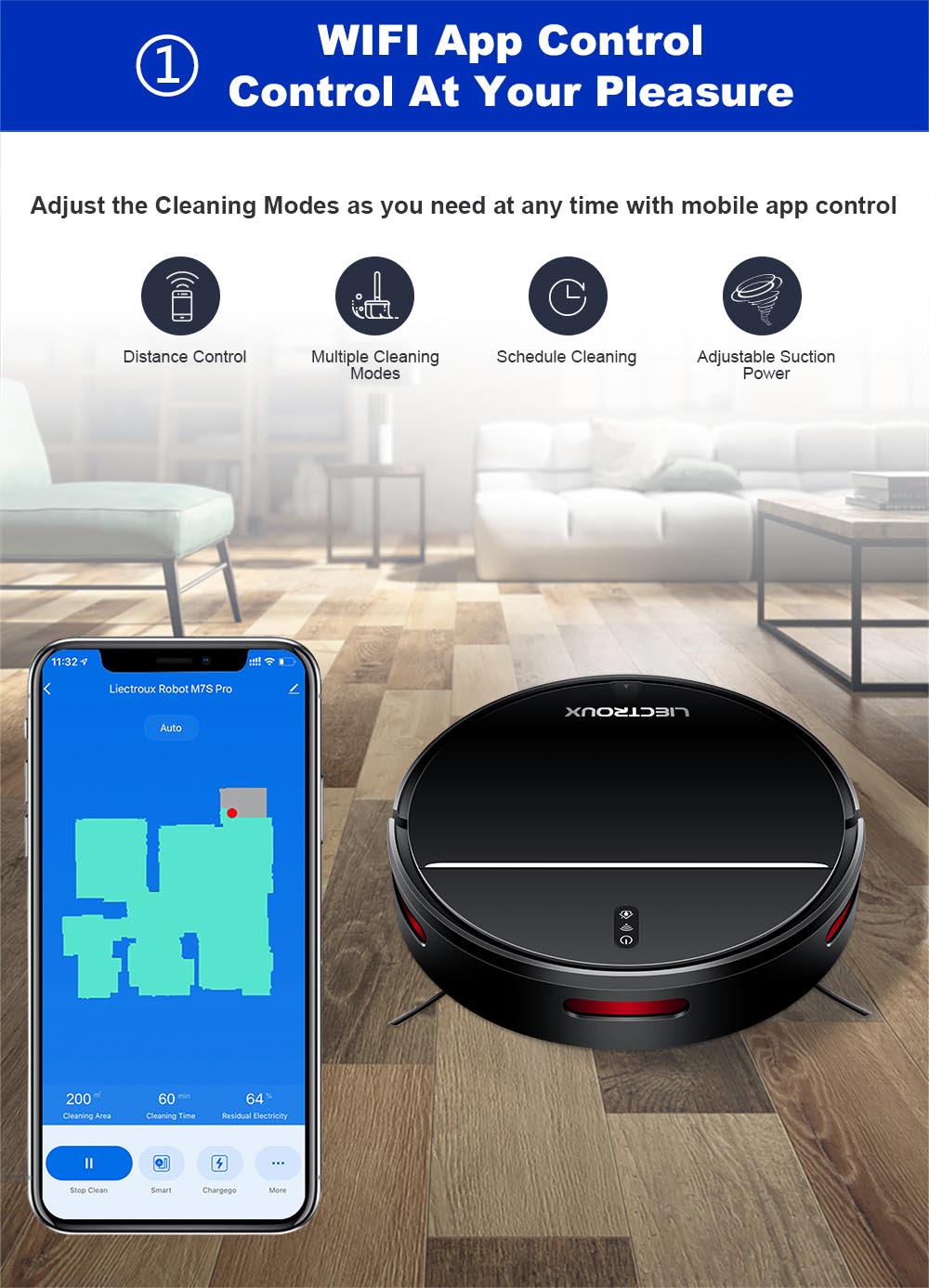 LIECTROUX M7S Pro Robot Vacuum Cleaner, 2D Map Navigation, 4400mAh Battery, Run 110mins, Dry and Wet Mopping - Black