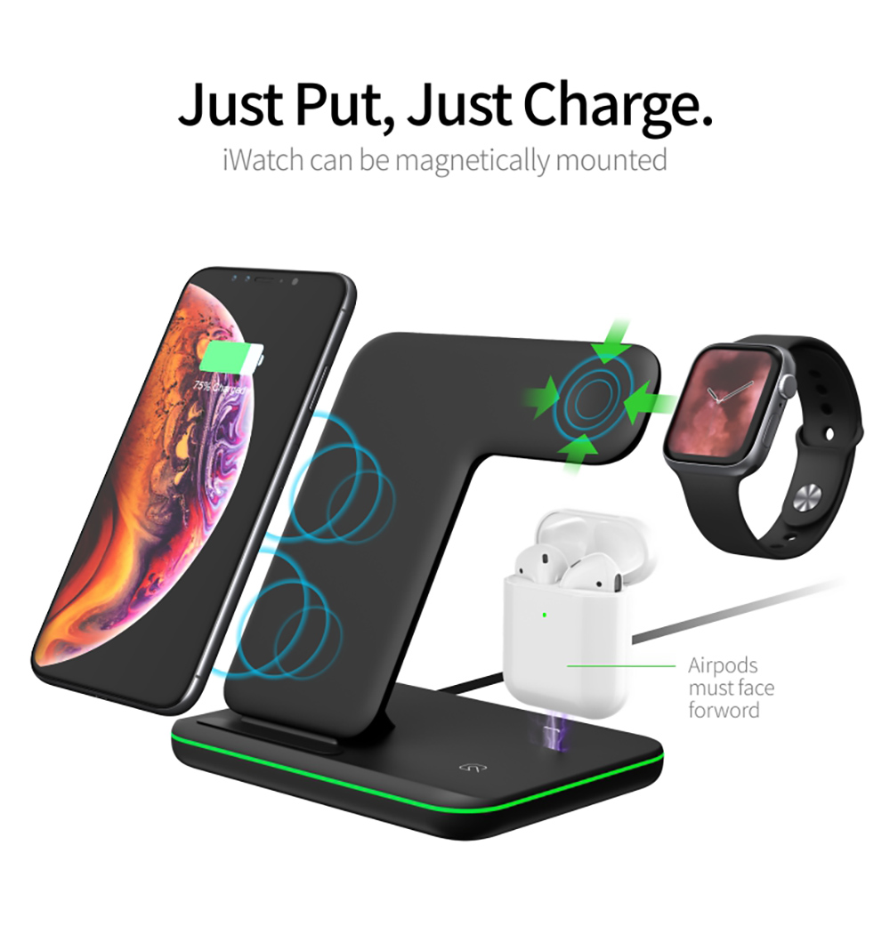 Multifunctional 15W 3-in-1 Magnetic Wireless Charger for iPhone / iWatch / Earphone, Fast Charging Base Bracket - Black