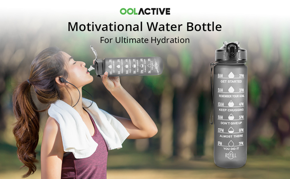OOLACTIVE GF-1202 34oz Water Bottle with Straw Motivational Water Bottle with Time Marker - Black