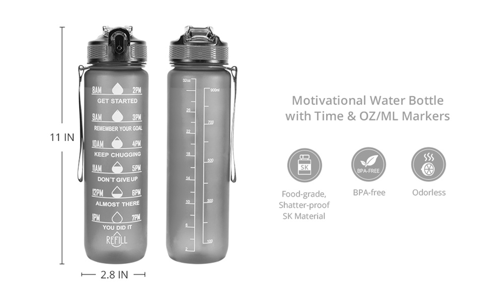 OOLACTIVE GF-1202 34oz Water Bottle with Straw Motivational Water Bottle with Time Marker - Black