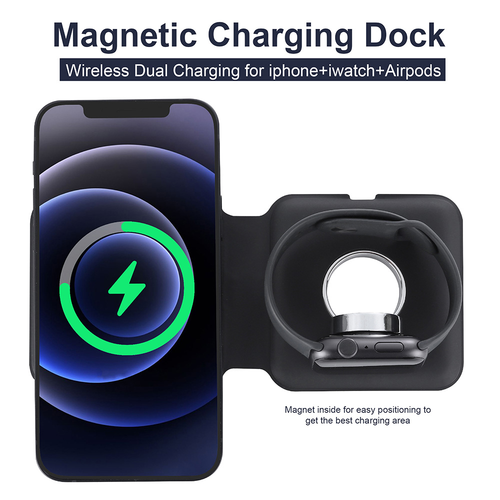 Q500 15W Portable 2-in-1 Magnetic Wireless Charger, Foldable Charging Base Dock for iPhone 12/iWatch Series - Black