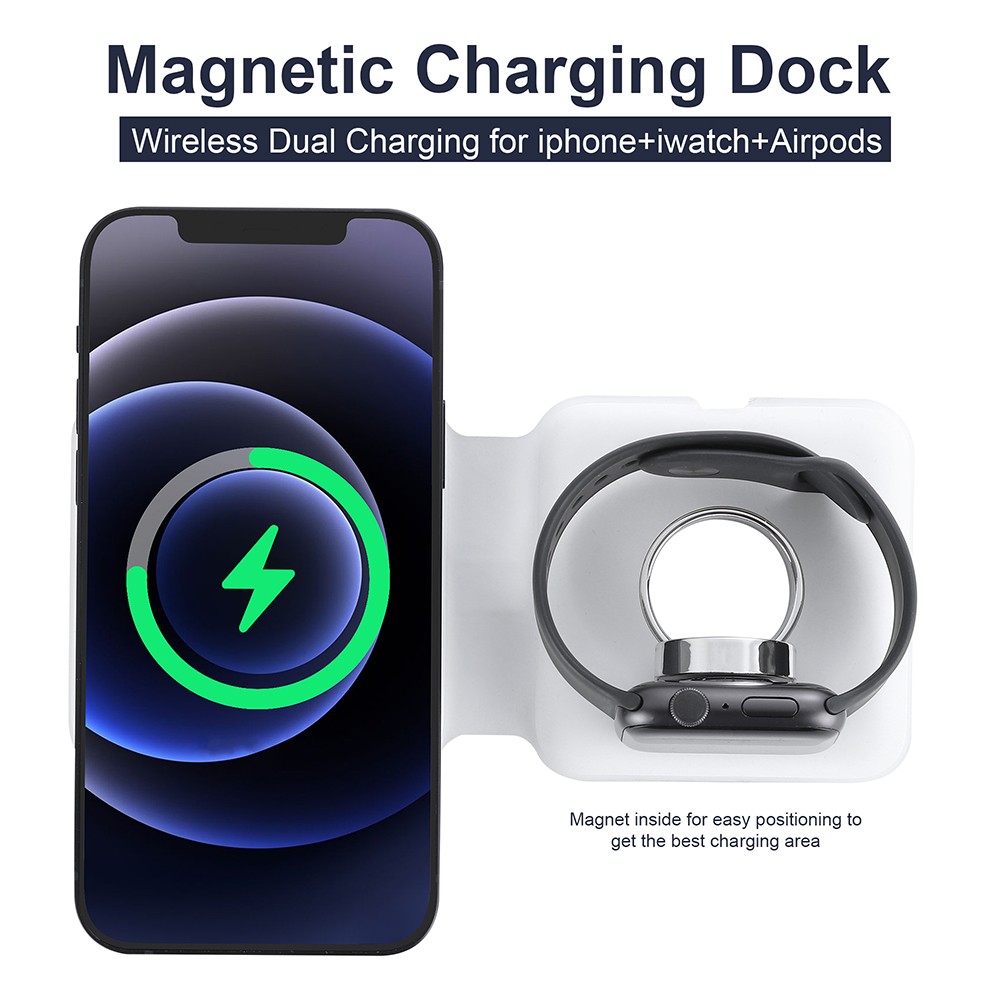 Q500 15W Portable 2-in-1 Magnetic Wireless Charger, Foldable Charging Base Dock for iPhone 12/iWatch Series - White