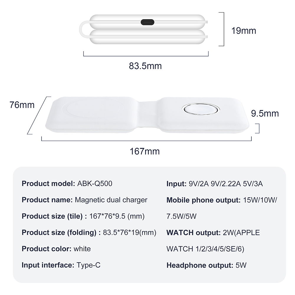 Q500 15W Portable 2-in-1 Magnetic Wireless Charger, Foldable Charging Base Dock for iPhone 12/iWatch Series - White