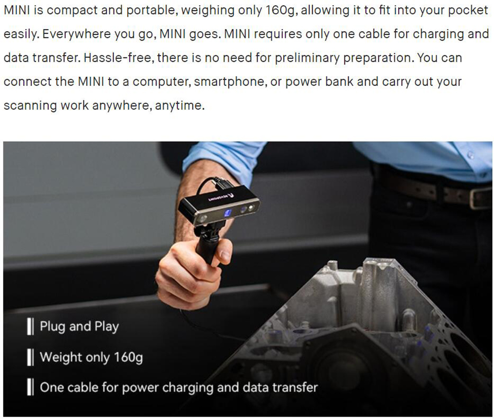 Revopoint MINI 3D Scanner, 0.02mm Precision, High Resolution Blue Light, 0.05mm Point Distance, 10fps Scan Speed