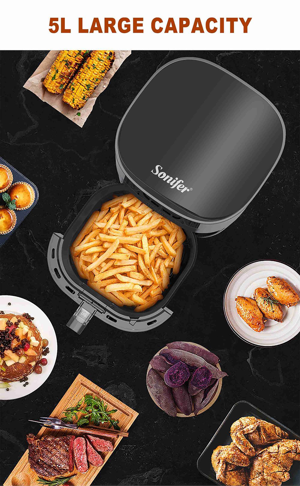 Sonifer SF1014 1450W 5L Air Fryer without Oil, LED Touchscreen, 360 Degree Baking, Electric Deep Fryer Nonstick Basket