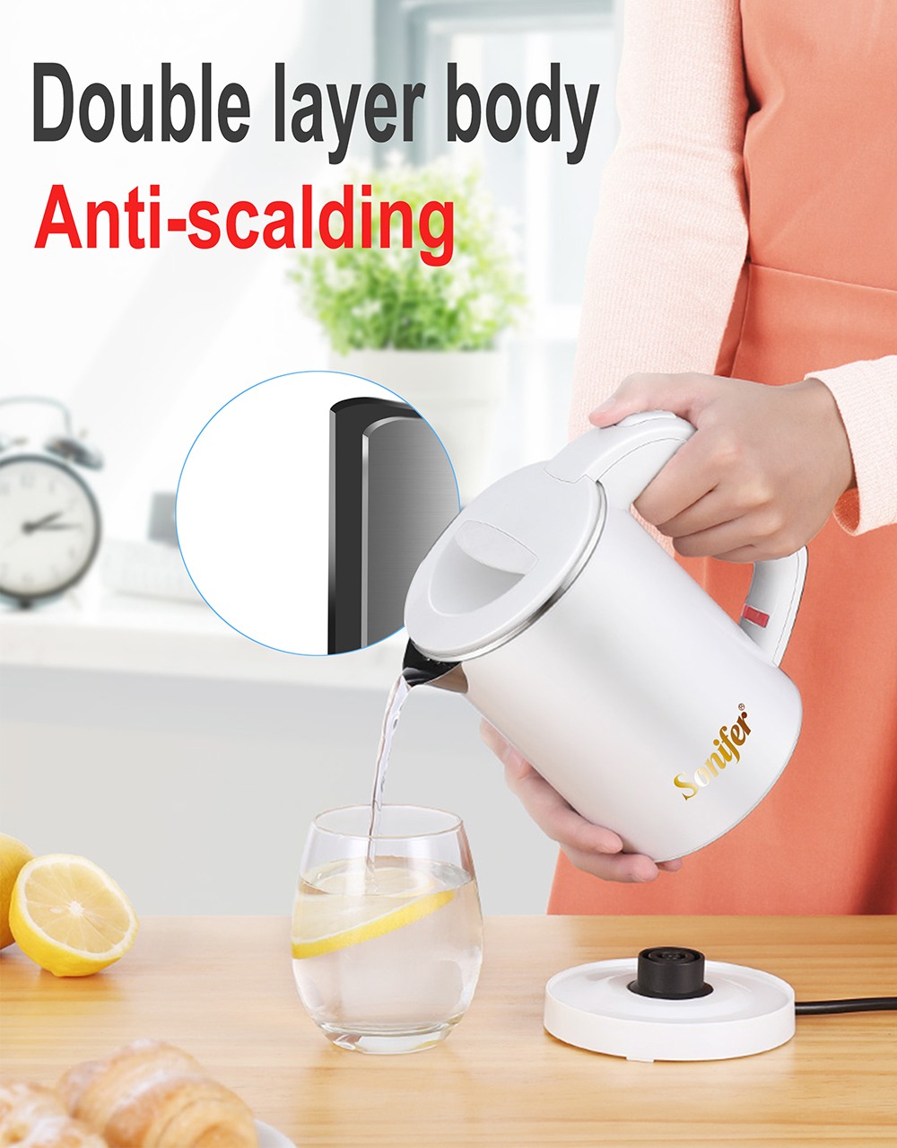 Sonifer SF2058 0.6L 800W Cordless Electric Kettle, Mini Stainless Steel Portable Tea Coffee Kettle Pot for Home Trip - Black