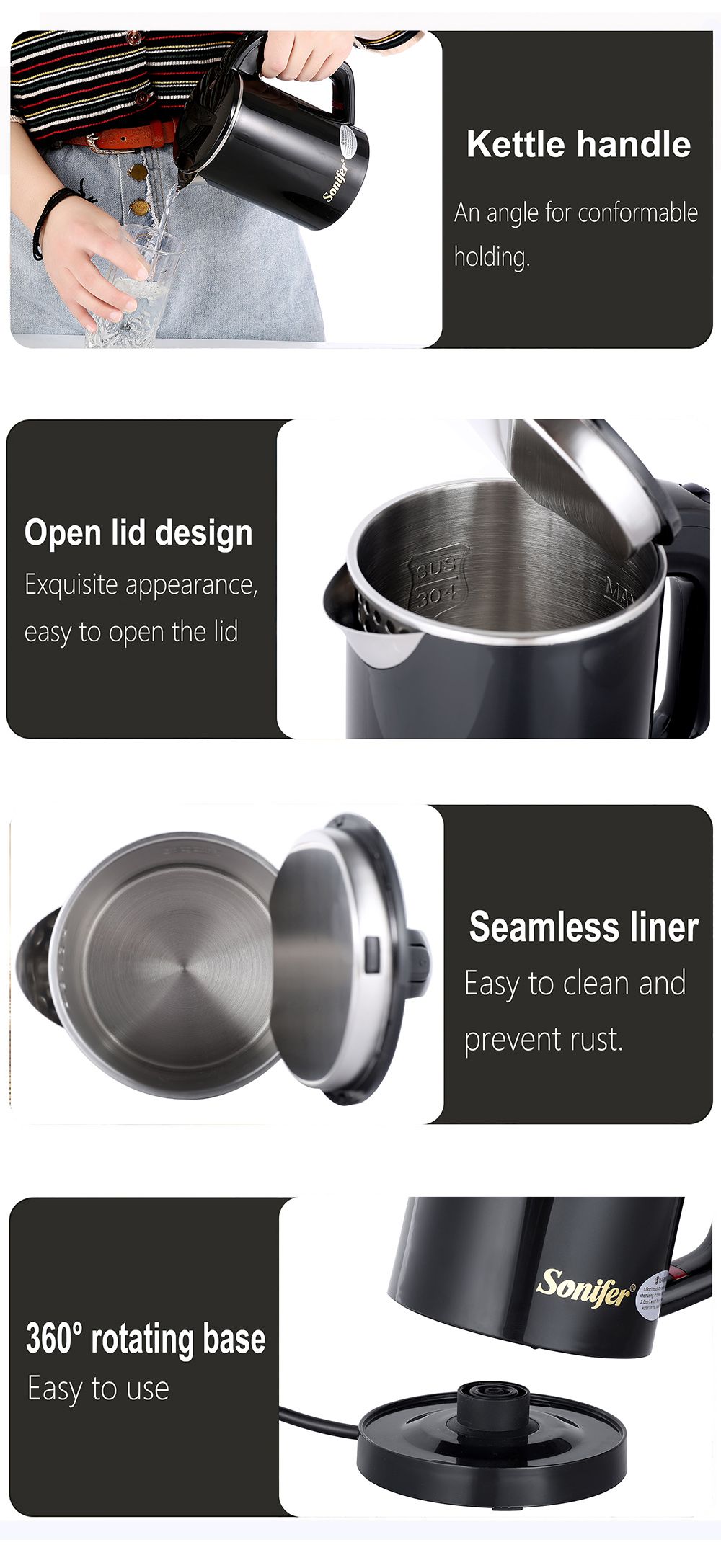 Sonifer SF2058 0.6L 800W Cordless Electric Kettle, Mini Stainless Steel Portable Tea Coffee Kettle Pot for Home Trip - Black