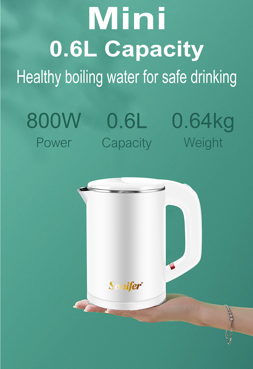 Sonifer SF2058 0.6L 800W Cordless Electric Kettle, Mini Stainless Steel Portable Tea Coffee Kettle Pot for Home Trip - White