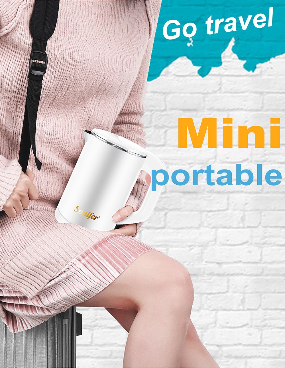 Sonifer SF2058 0.6L 800W Cordless Electric Kettle, Mini Stainless Steel Portable Tea Coffee Kettle Pot for Home Trip - White