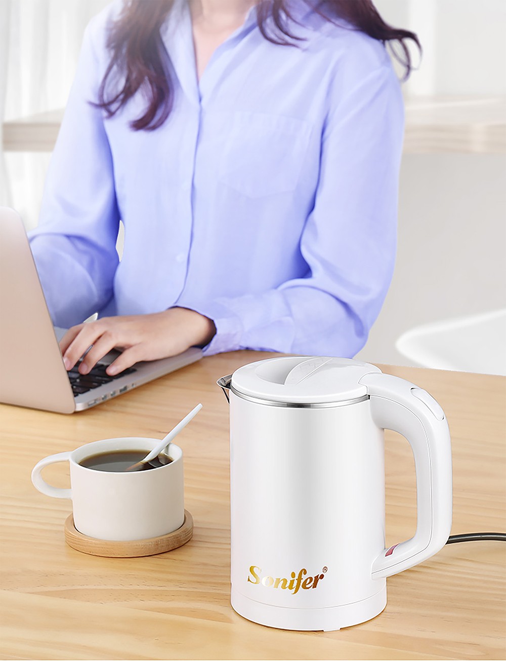 Sonifer SF2058 0.6L 800W Cordless Electric Kettle, Mini Stainless Steel Portable Tea Coffee Kettle Pot for Home Trip - White