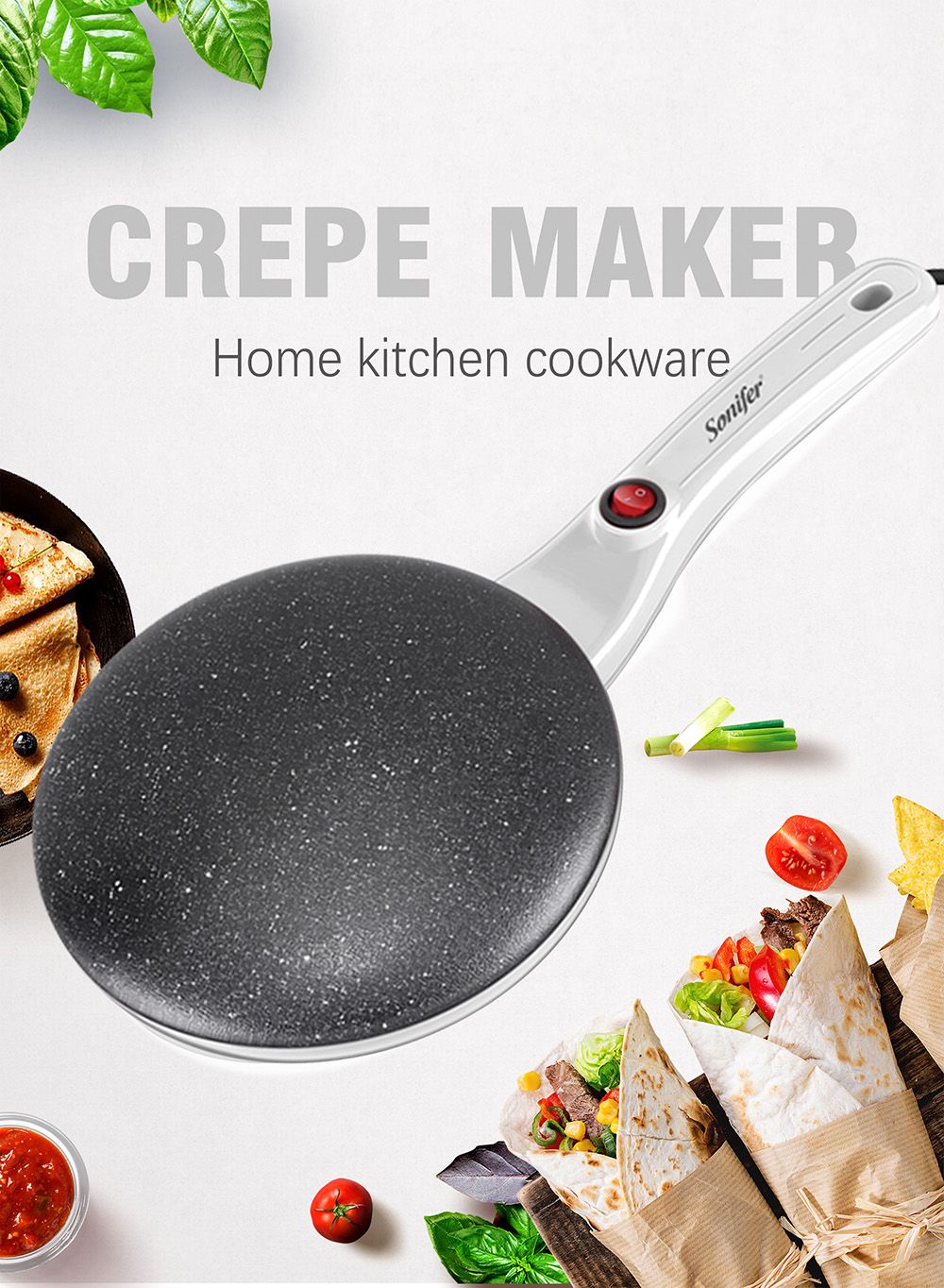 Sonifer SF3038 650W Electric Pancake Crepe Maker Pizza Machine, Non-Stick Griddle Baking Pan, Cake Machine Tools - Red