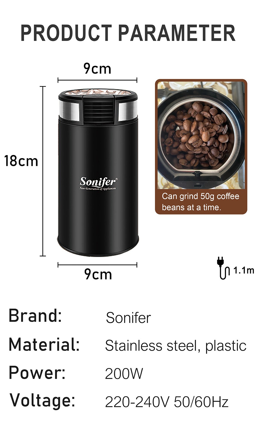Sonifer SF3526 200W 50g Mini Electric Coffee Grinder