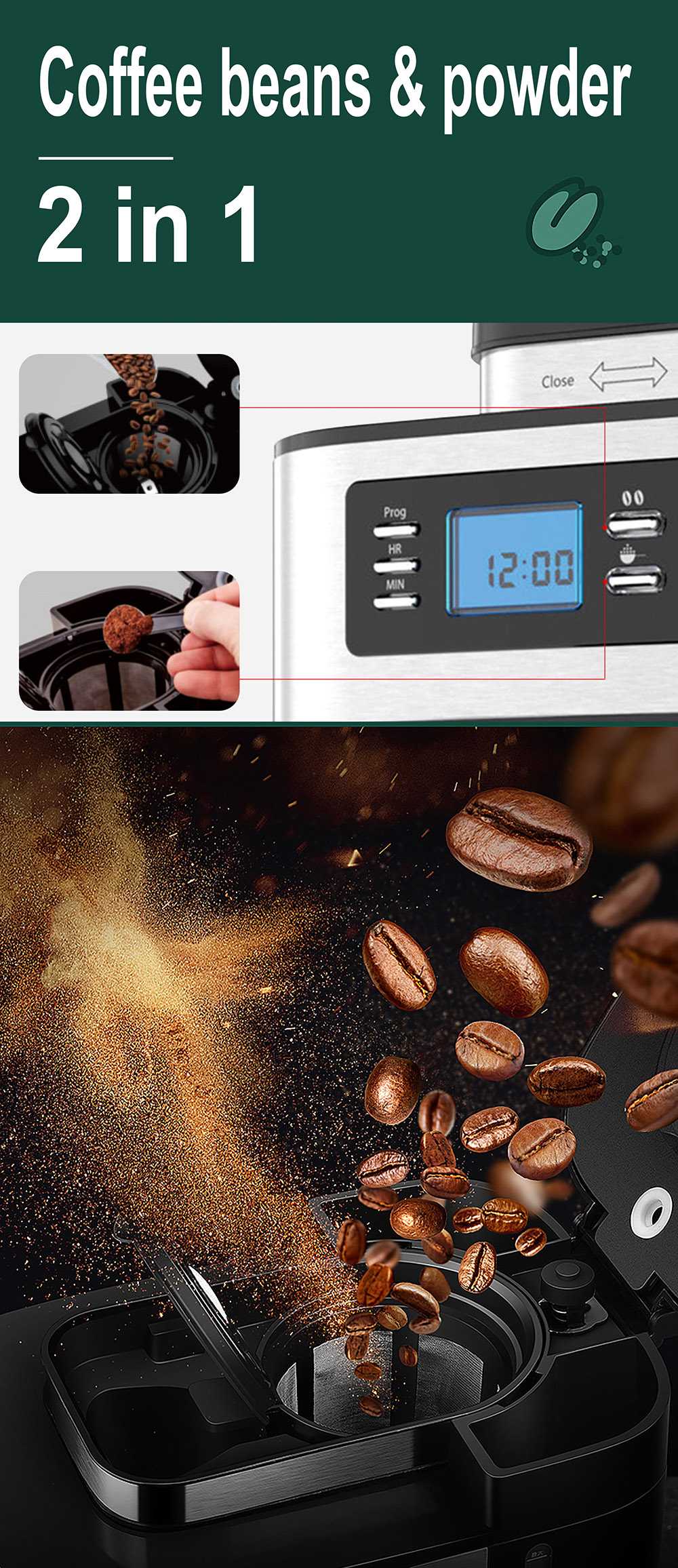Sonifer SF3541 1050W 2-in-1 Drip Coffee Machine, 1200mL/10 Cups, Ground/Beans Coffee Maker, Digital Display, Keep Warm