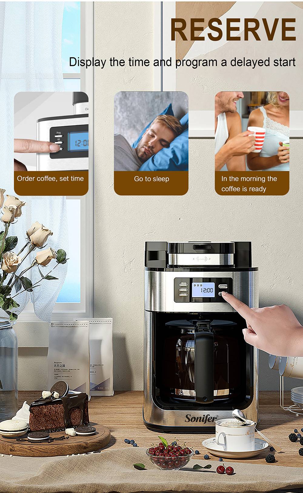 Sonifer SF3541 1050W 2-in-1 Drip Coffee Machine, 1200mL/10 Cups, Ground/Beans Coffee Maker, Digital Display, Keep Warm