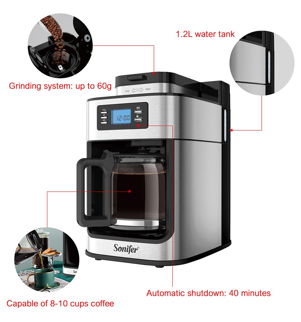 Sonifer SF3541 1050W 2-in-1 Drip Coffee Machine, 1200mL/10 Cups, Ground/Beans Coffee Maker, Digital Display, Keep Warm