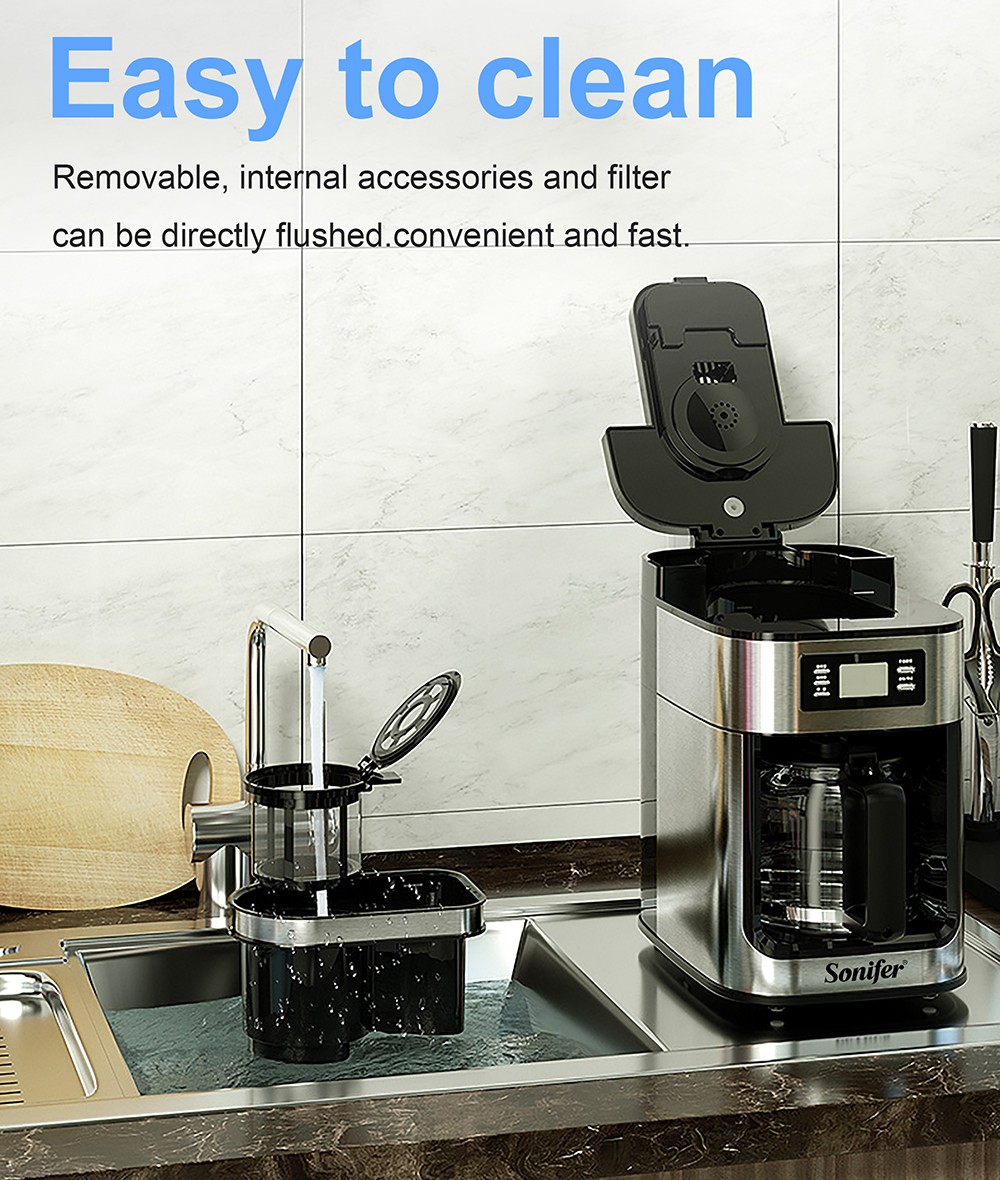 Sonifer SF3541 1050W 2-in-1 Drip Coffee Machine, 1200mL/10 Cups, Ground/Beans Coffee Maker, Digital Display, Keep Warm