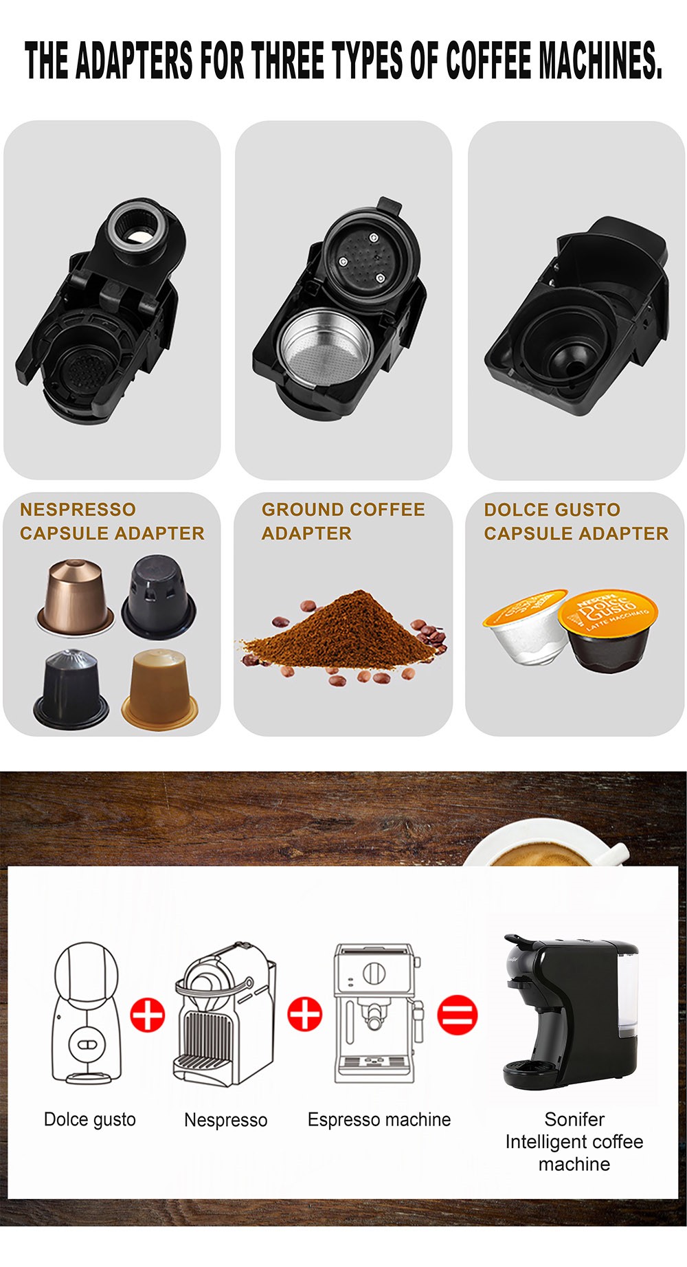 Sonifer SF3551 1450W Espresso Coffee Machine, 19 Bar 600ml, 3-in-1 Capsule Coffee Maker for Dolce Gusto/Nespresso/Powder