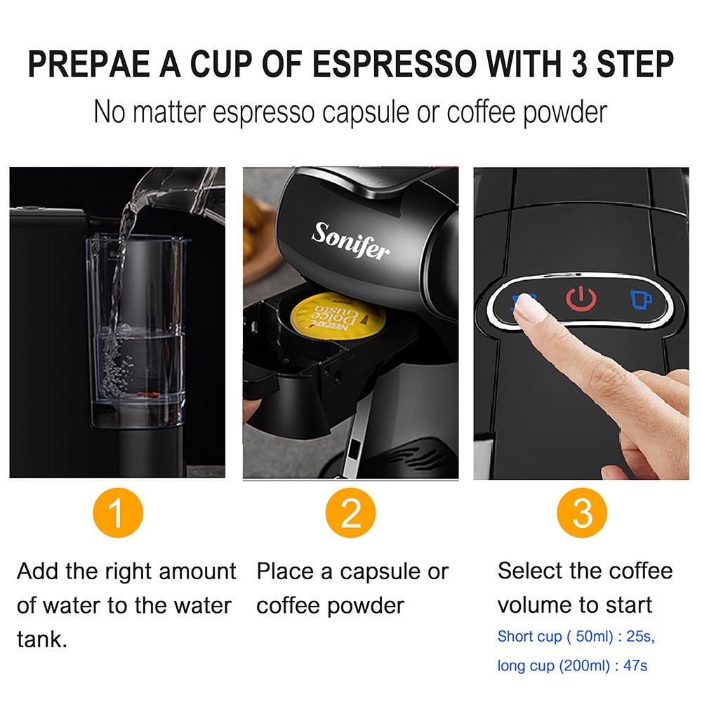 Sonifer SF3551 1450W Espresso Coffee Machine, 19 Bar 600ml, 3-in-1 Capsule Coffee Maker for Dolce Gusto/Nespresso/Powder