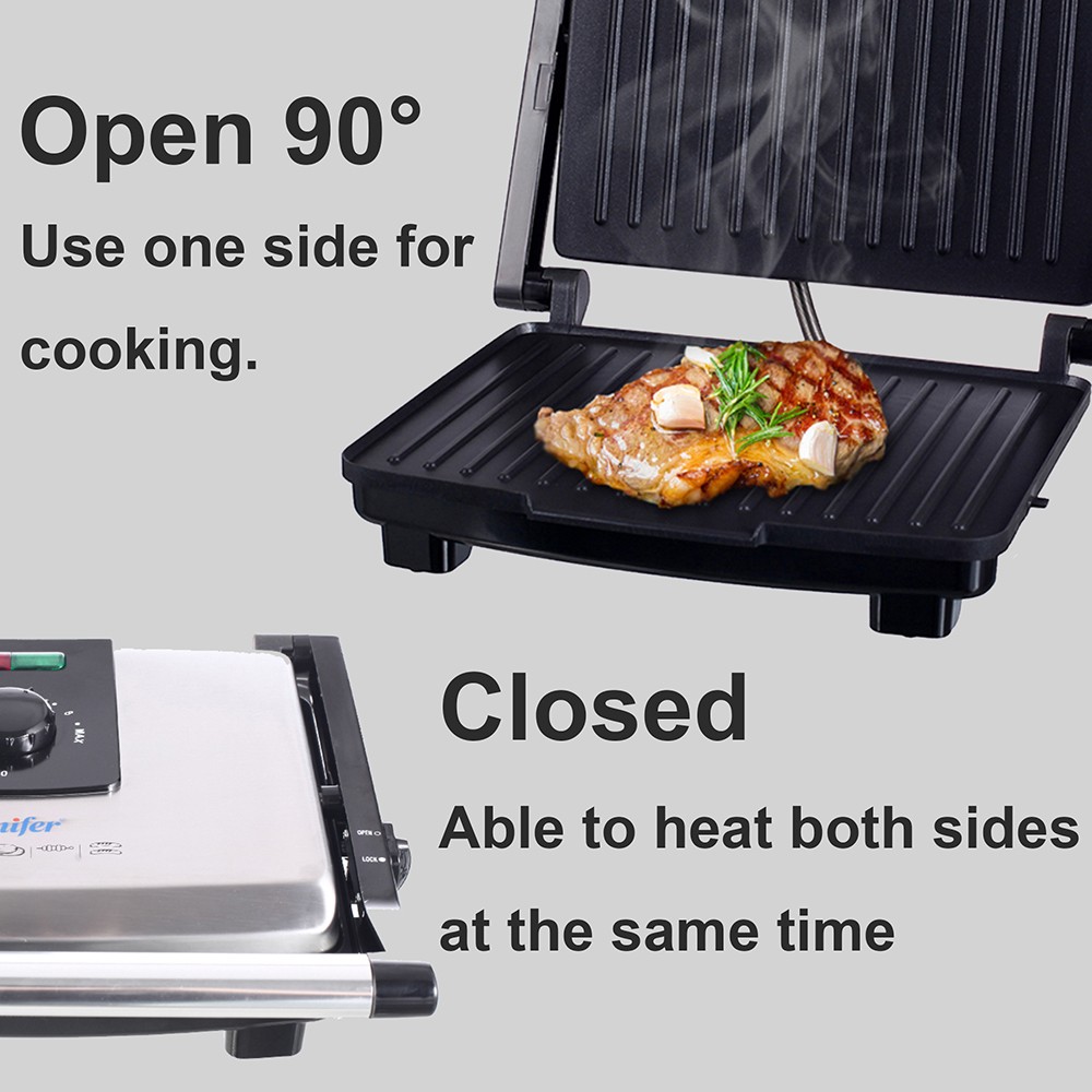 Sonifer SF6012 2000W Electric Contact Grill, Panini Press Barbecue Griddle, Smokeless Baking 90 Degree Open BBQ Griddle