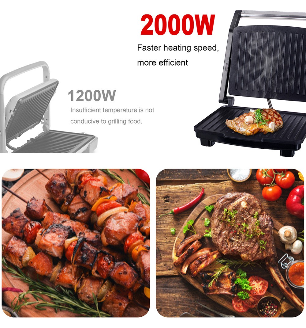 Sonifer SF6012 2000W Electric Contact Grill, Panini Press Barbecue Griddle, Smokeless Baking 90 Degree Open BBQ Griddle