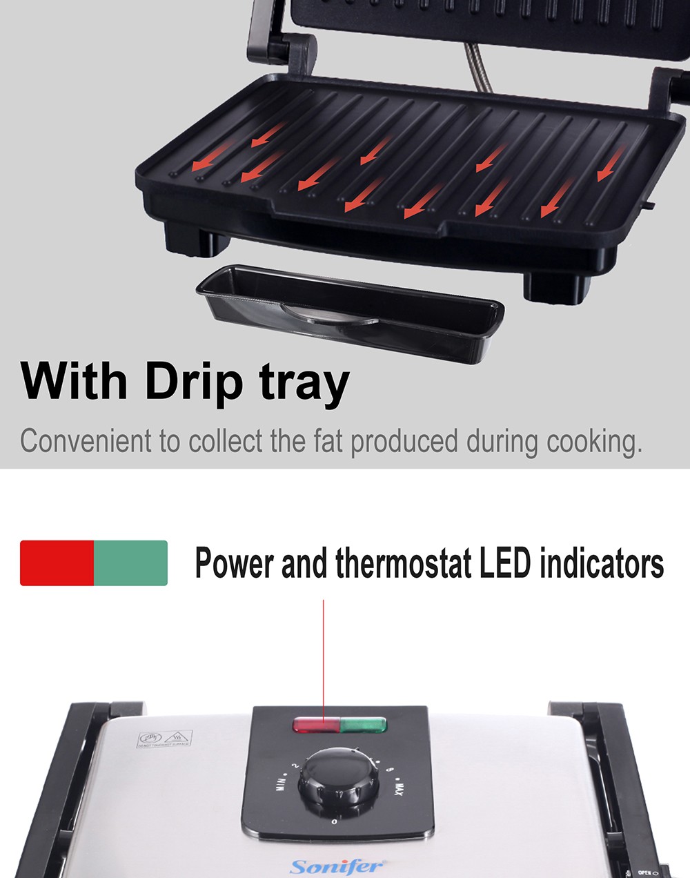 Sonifer SF6012 2000W Electric Contact Grill, Panini Press Barbecue Griddle, Smokeless Baking 90 Degree Open BBQ Griddle