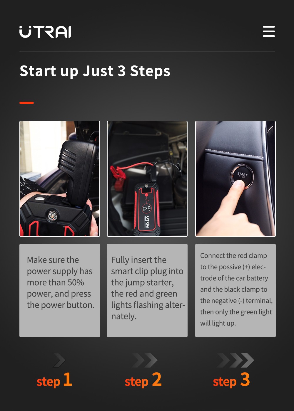 UTRAI Jstar 4 24000mAh 2500A Car Jump Starter with 10W Wireless Charger, Dual USB Outputs Power Bank, 3 Modes LED Flashlight