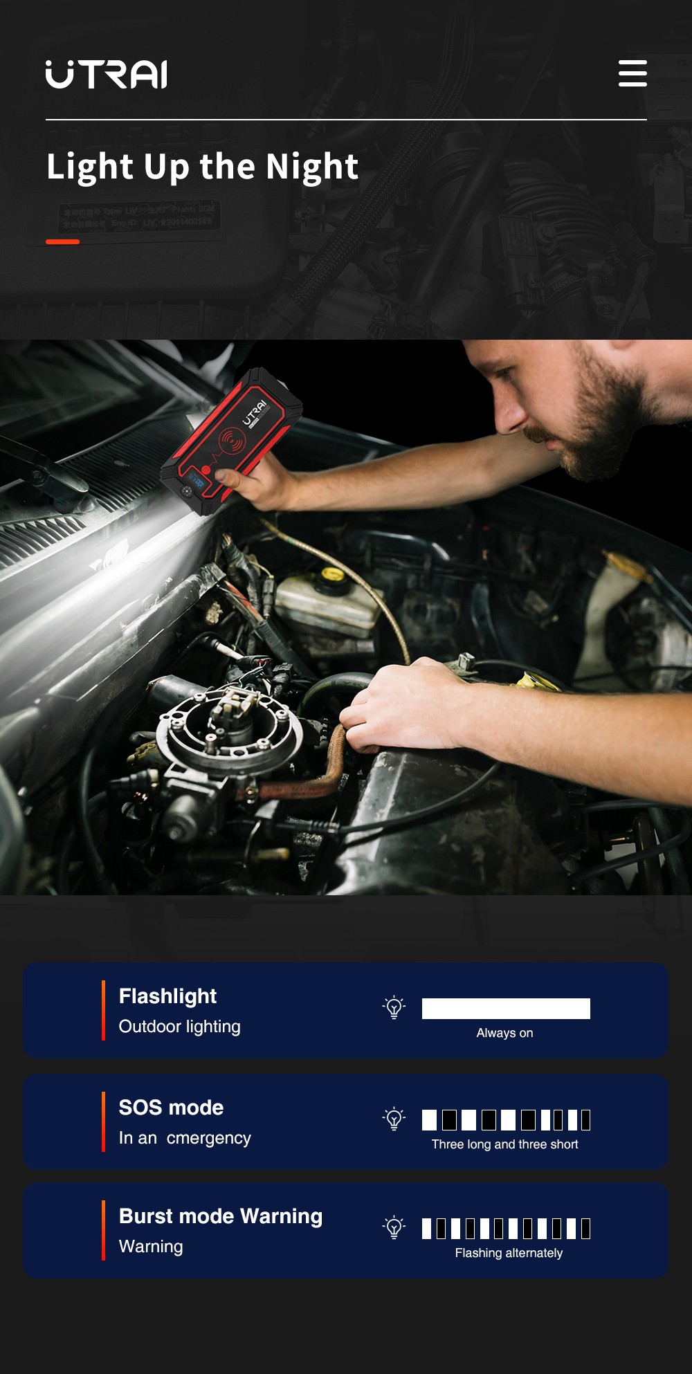 UTRAI Jstar 4 24000mAh 2500A Car Jump Starter with 10W Wireless Charger, Dual USB Outputs Power Bank, 3 Modes LED Flashlight