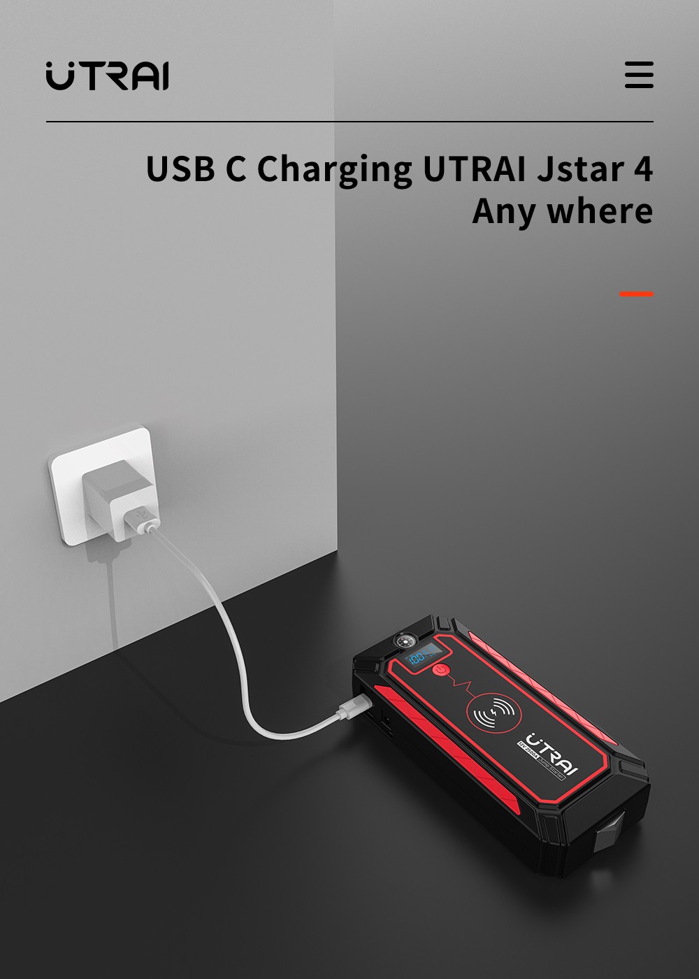 UTRAI Jstar 4 24000mAh 2500A Car Jump Starter with 10W Wireless Charger, Dual USB Outputs Power Bank, 3 Modes LED Flashlight