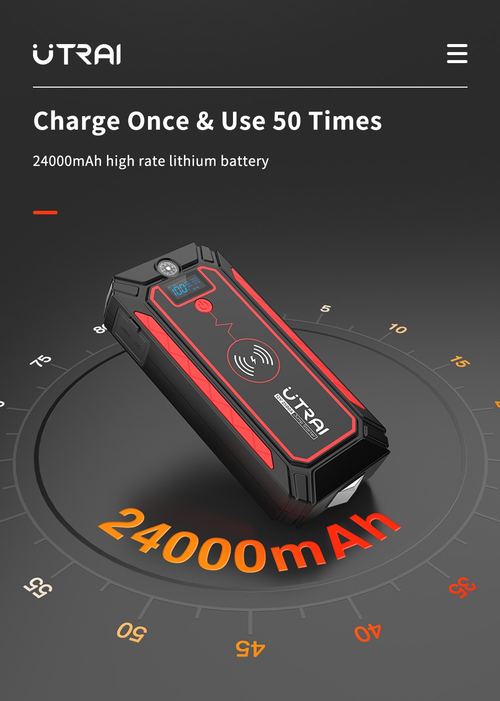UTRAI Jstar 4 24000mAh 2500A Car Jump Starter with 10W Wireless Charger, Dual USB Outputs Power Bank, 3 Modes LED Flashlight