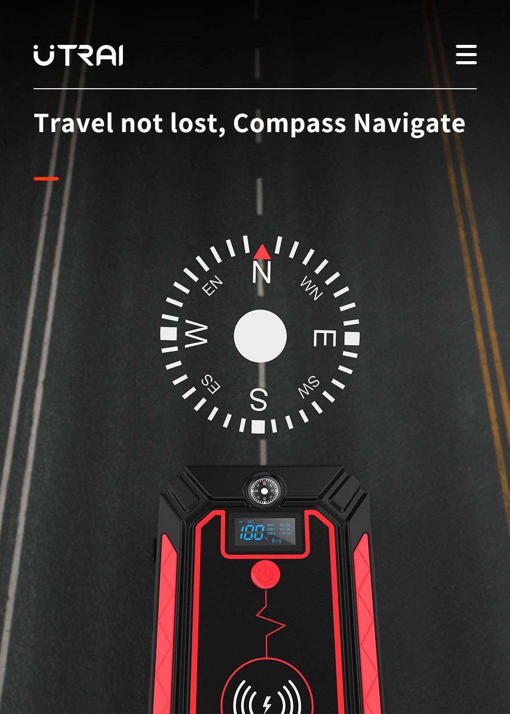 UTRAI Jstar 4 24000mAh 2500A Car Jump Starter with 10W Wireless Charger, Dual USB Outputs Power Bank, 3 Modes LED Flashlight