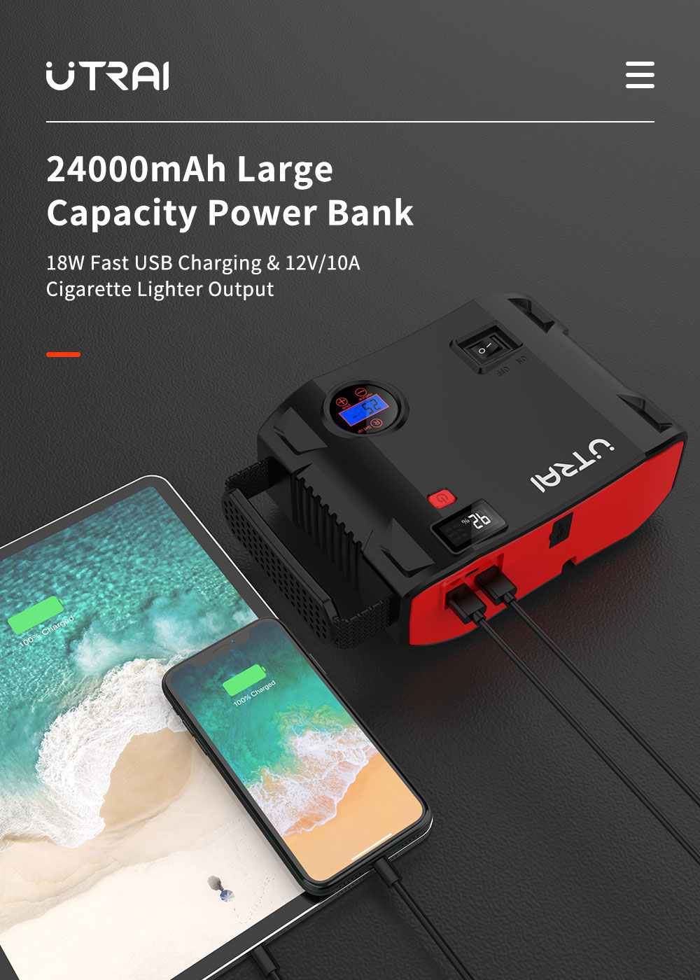 UTRAI Jstar 5 24000mAh 2000A 4-in-1 Jump Starter with Air Compressor, 5W Flashlight, Dual Display Screens Power Bank