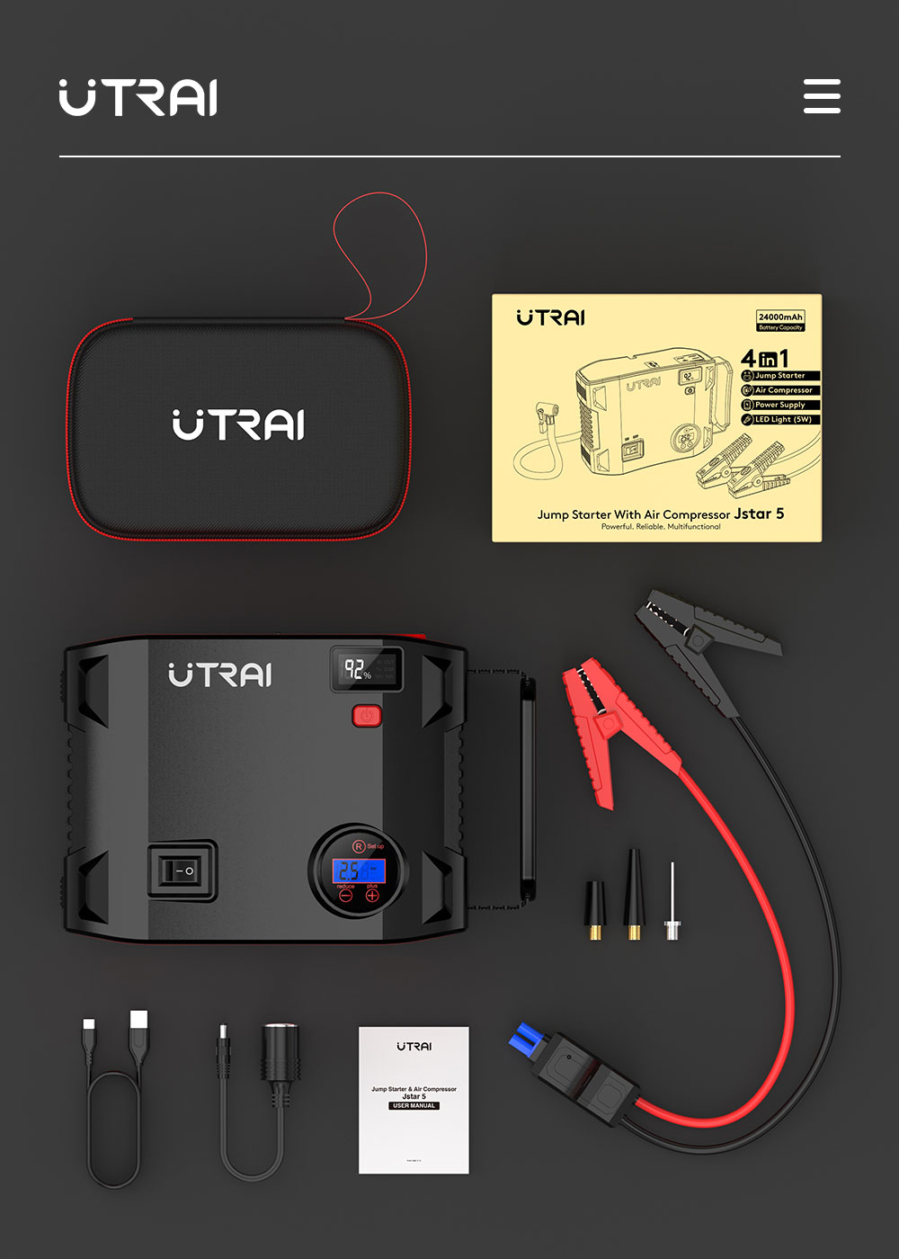 UTRAI Jstar 5 24000mAh 2000A 4-in-1 Jump Starter with Air Compressor, 5W Flashlight, Dual Display Screens Power Bank