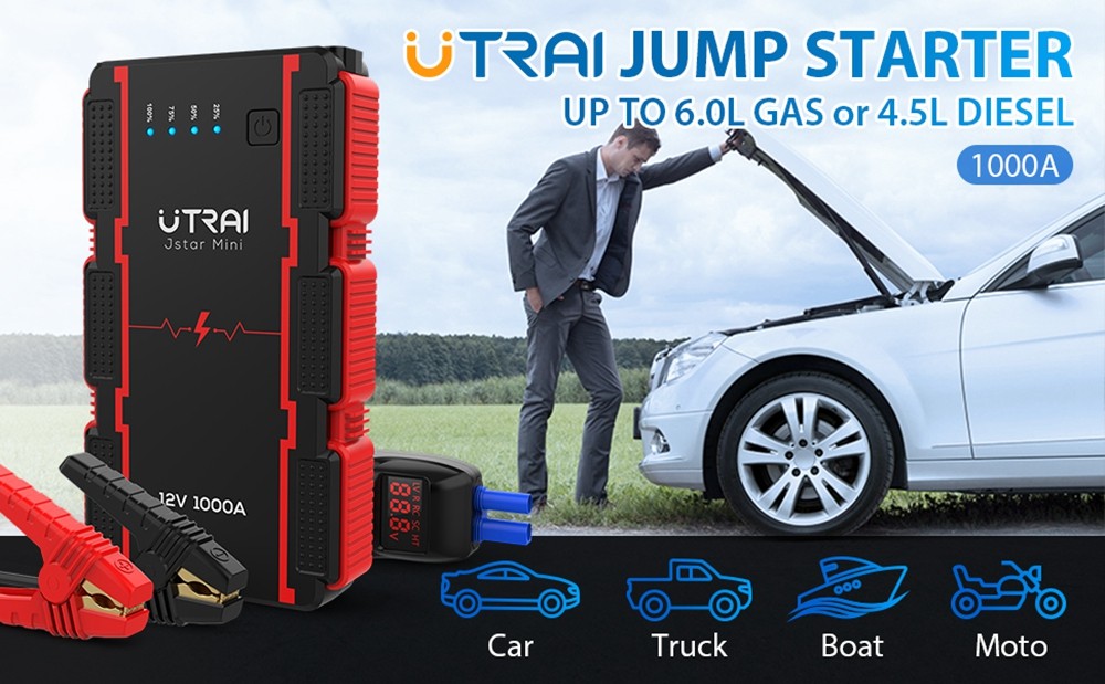 UTRAI Jstar Mini 13000mAh 1000A Jump Starter, два выхода USB Power Bank, яркий светодиодный фонарик, более безопасный аккумуляторный зажим